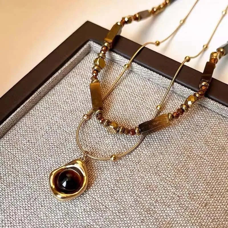 Elinor's Temperament Layered, ELegant, Trendy, Retro, Vintage, Tiger Eye Stone, Pendant Necklace