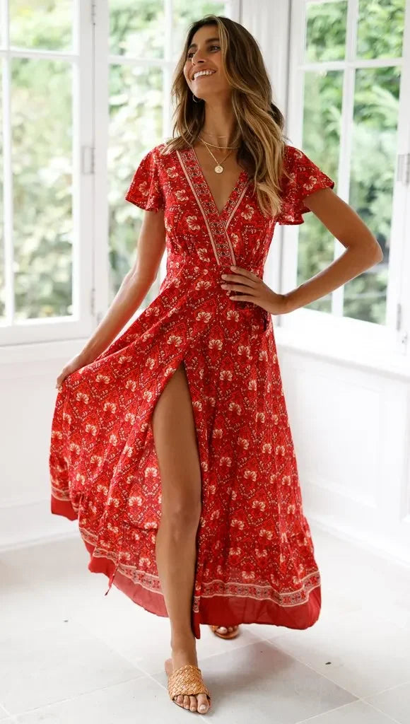 Violet's red floral crossed casual boho dress