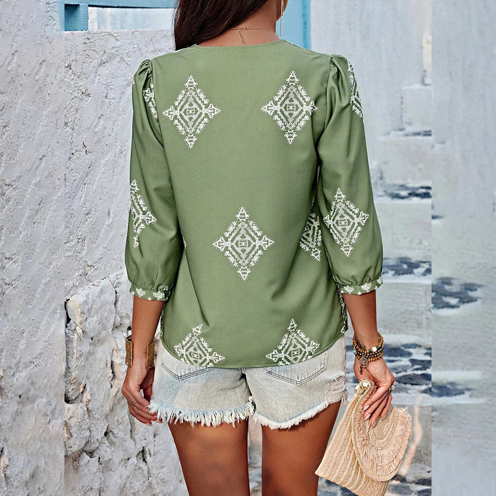 Emmy's Loose, Casual, Trendy, Stylish, Boho, Pullover, Printed Blouse