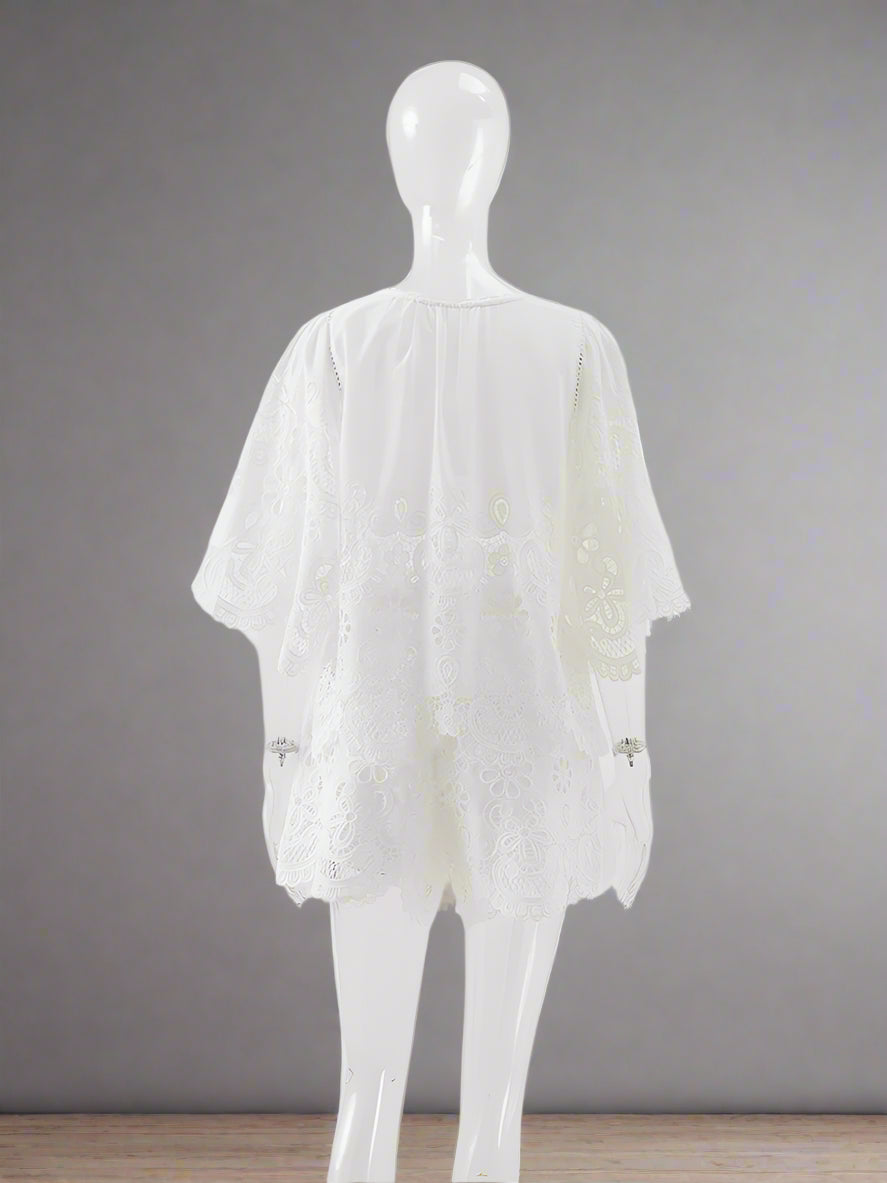 Mannequin wearing a white lace dress on a light gray background