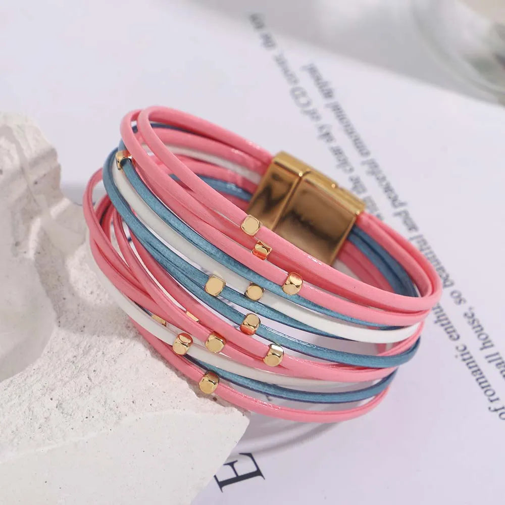 Tanya's Triple Color Leather Bohemian Metal Beads Multilayer Thin Strip Wrap Bracelets