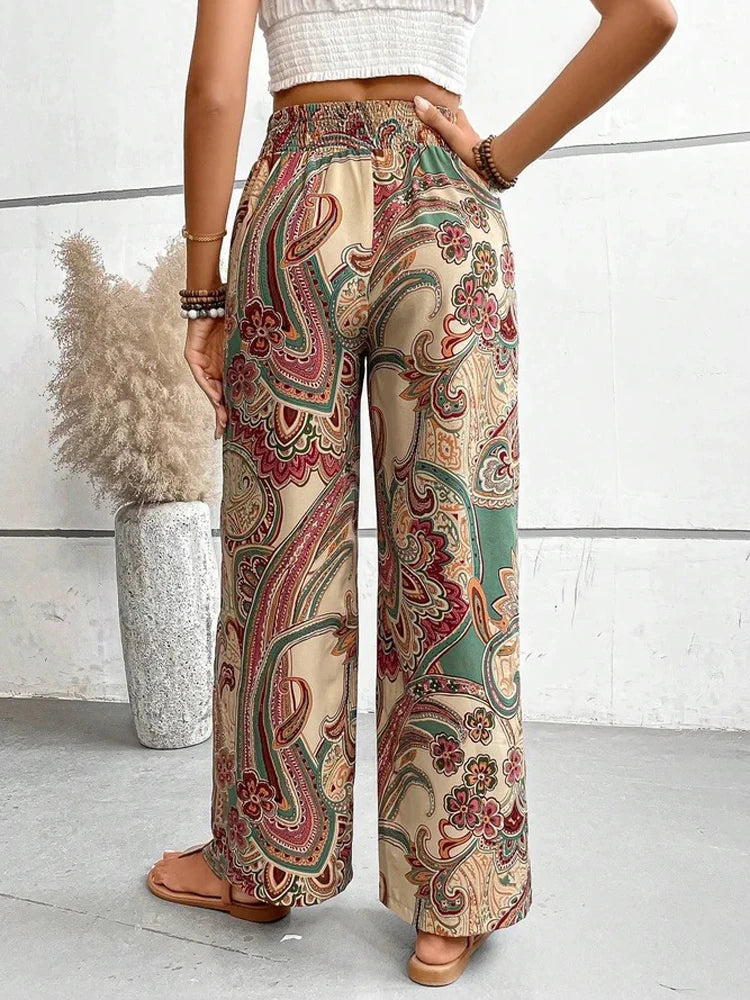 Lilly's Wide leg printed loose boho pants with Elastic-waist