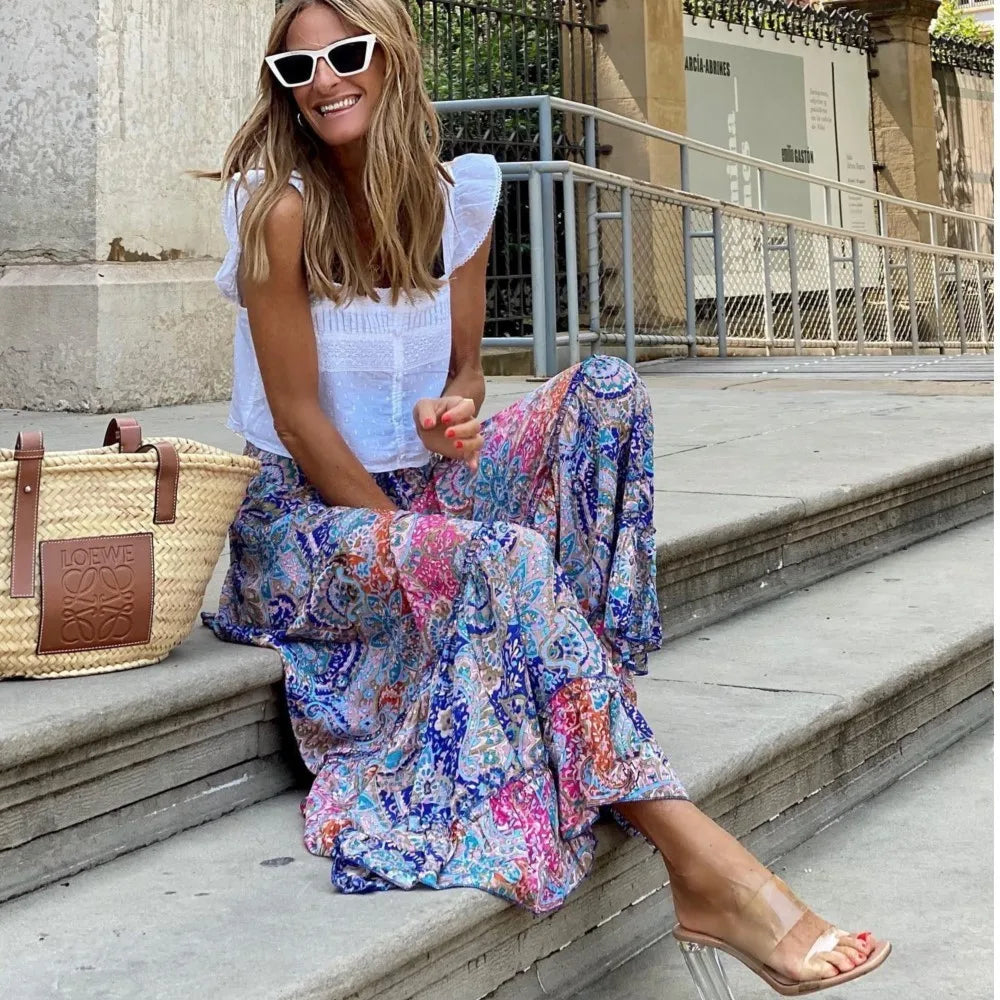 Maria's Printed maxi boho casual cocktail skirt