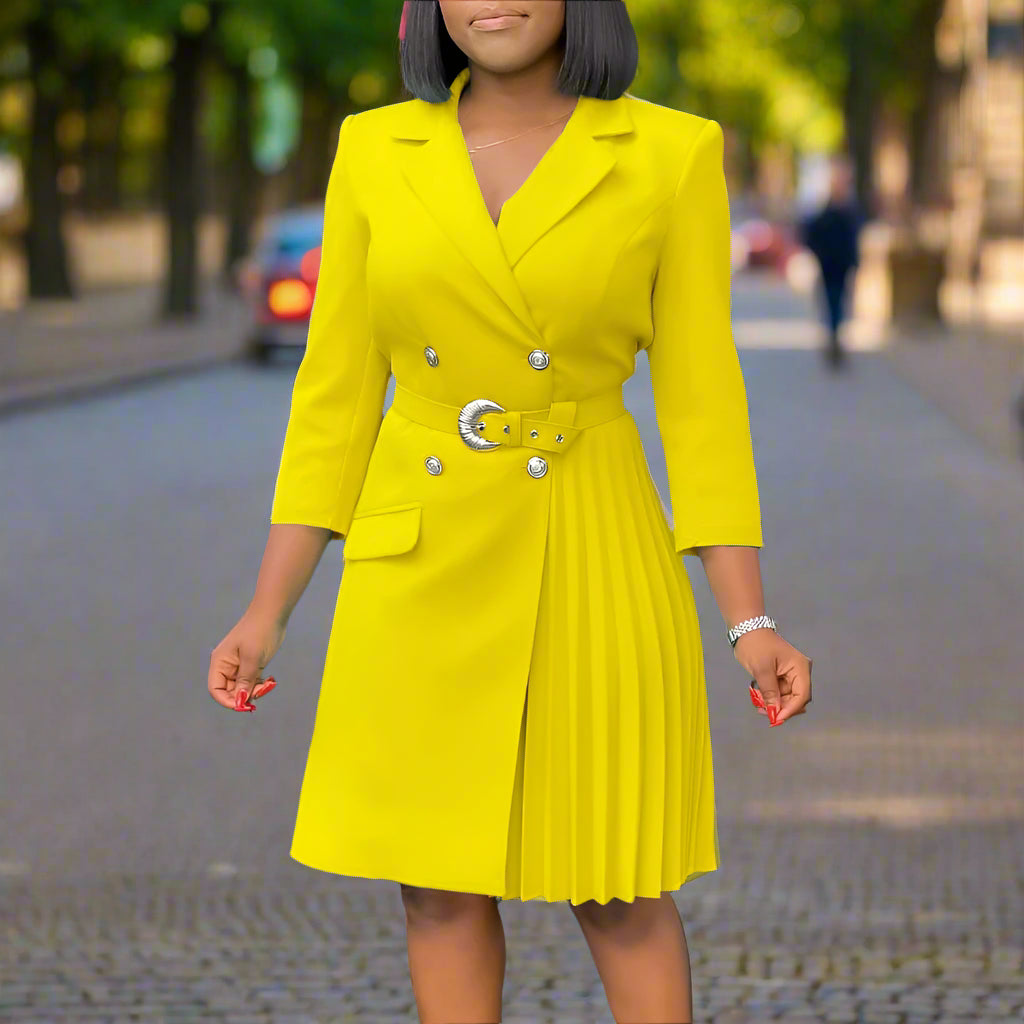 Stacey's Trendy, Stylish, Vintage, Pleated, On Knee, 3/r Sleeves, Solid Color, Office Dress