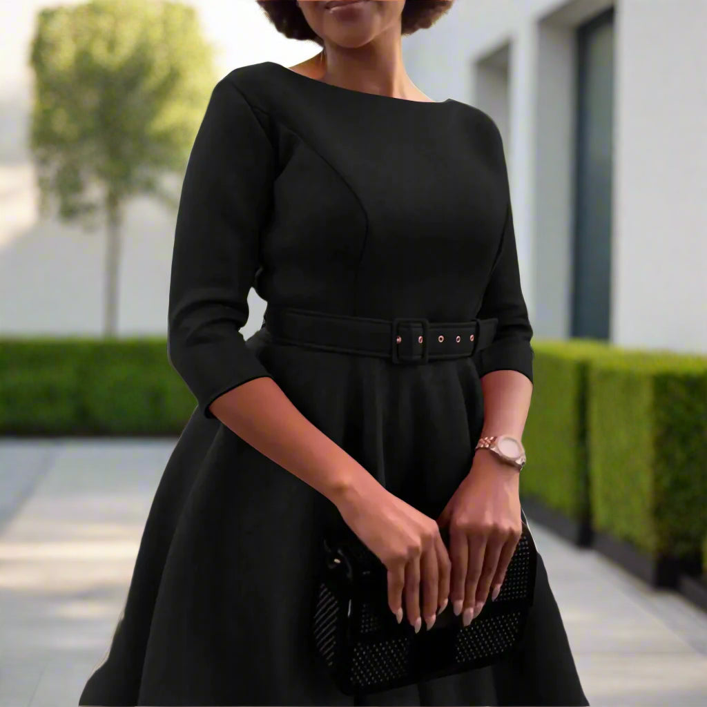 Deborah's Stylish, Formal, Trendy, A-Line, Classy, Sleeves, Belted, Midi, Office Dress