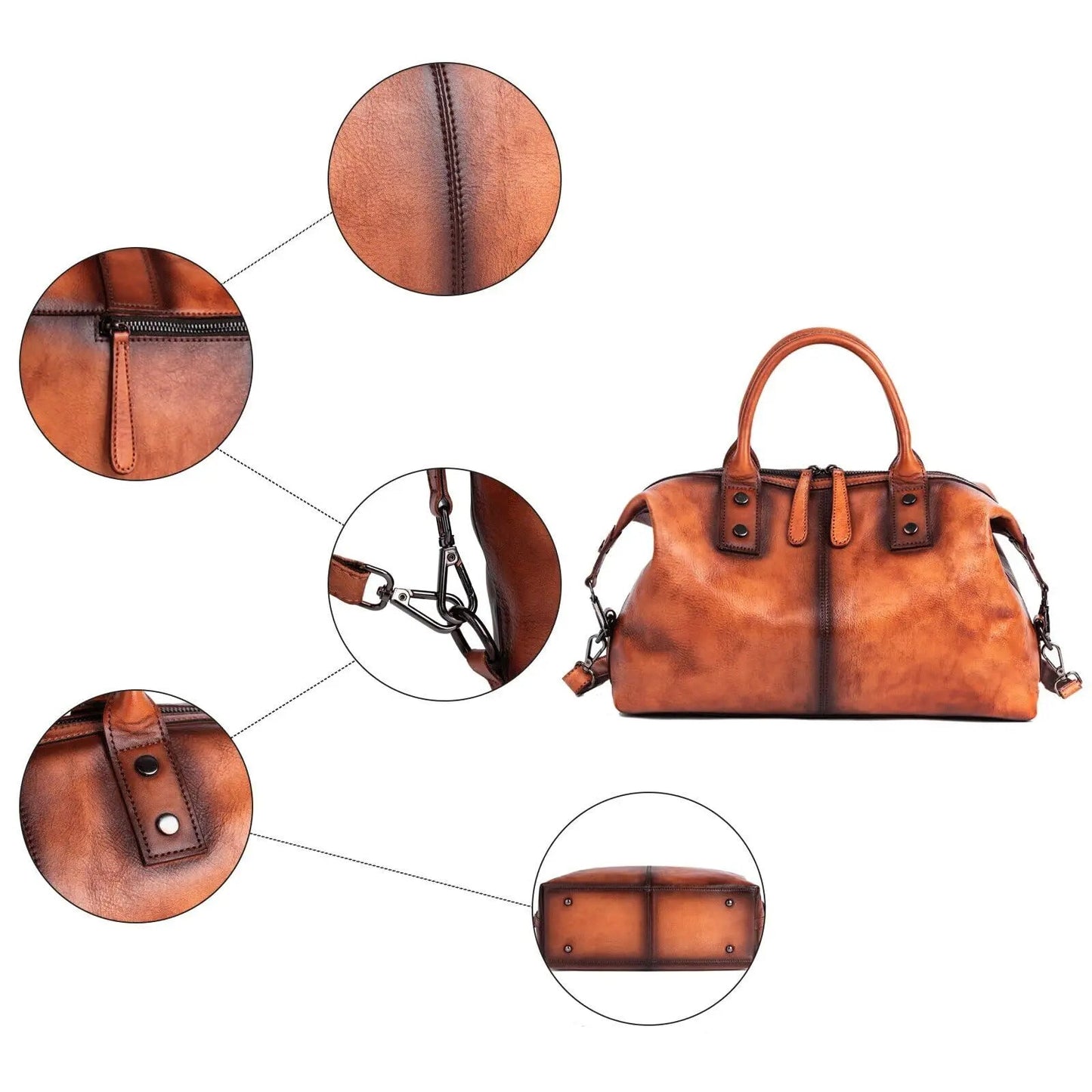 Brown leather handbag with close-up details on a white background