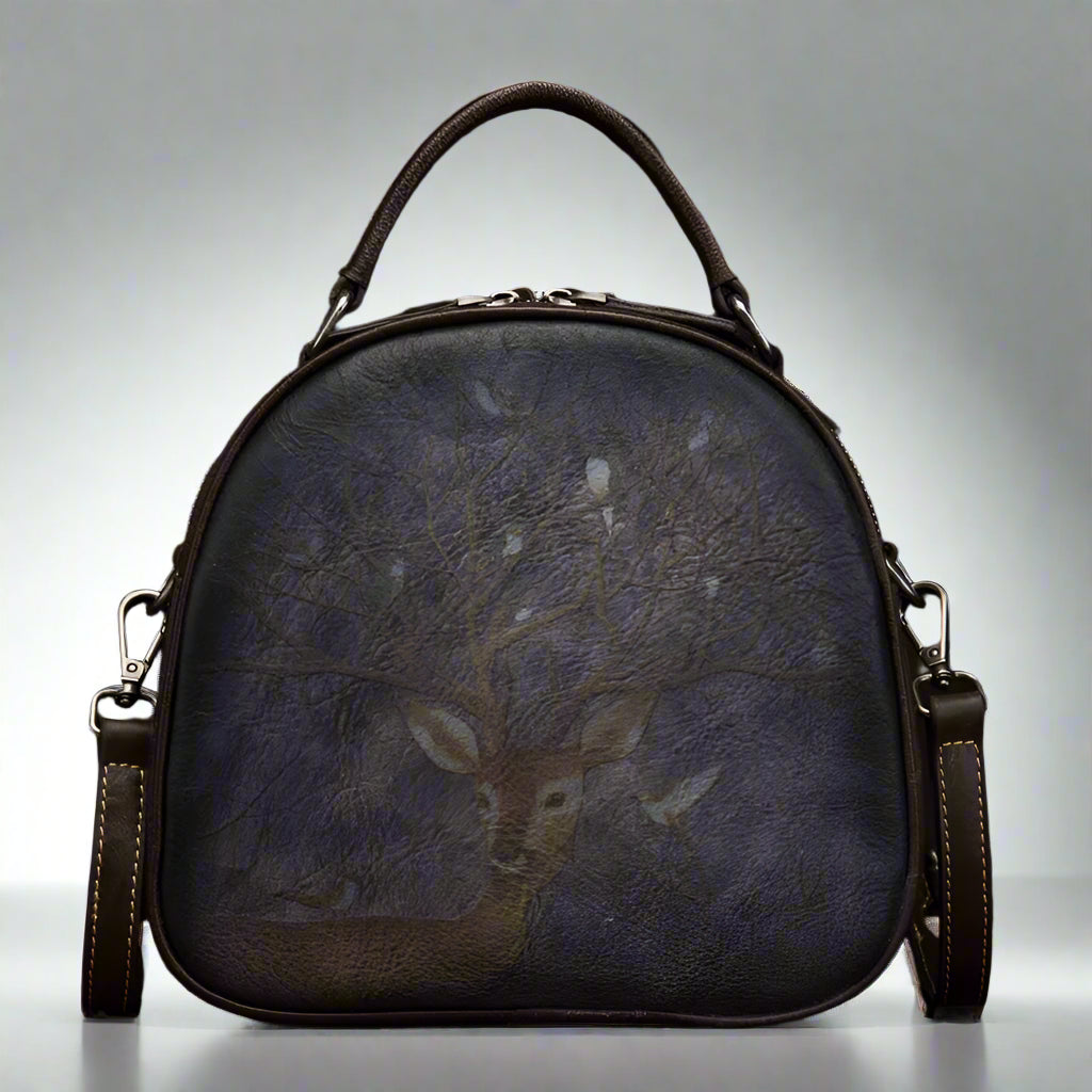 Bianca's Genuine Leather, Retro, Vintage, Stylish, Trendy, Deer Pattern, Handbag, Shoulder Bag