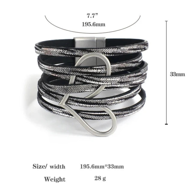 Zina's Heart Leather Multilayer Bangle Bracelet with magnet buckle