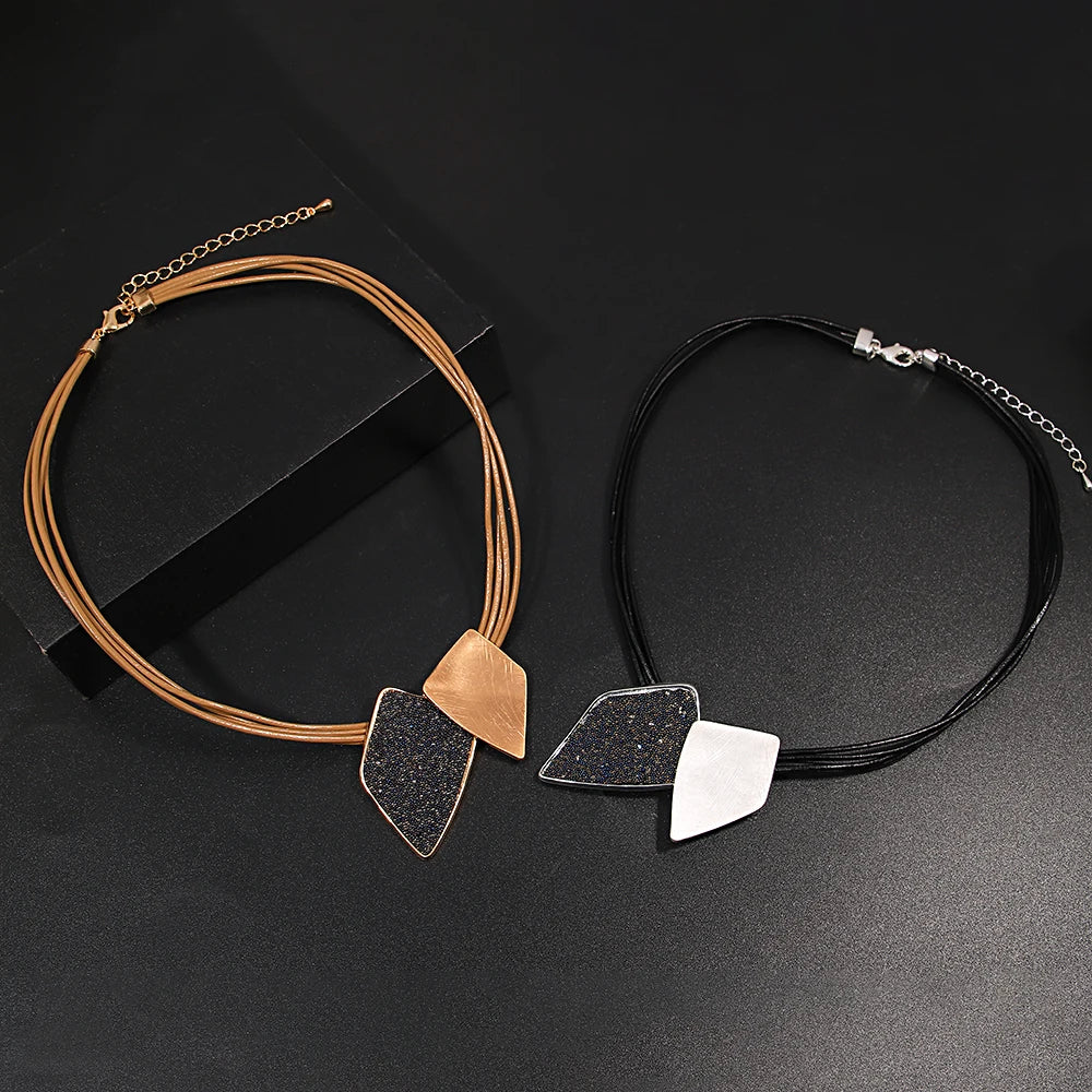 Rein's Irregular geometric design Necklace- Boho Leather chain (Silver, Gold)