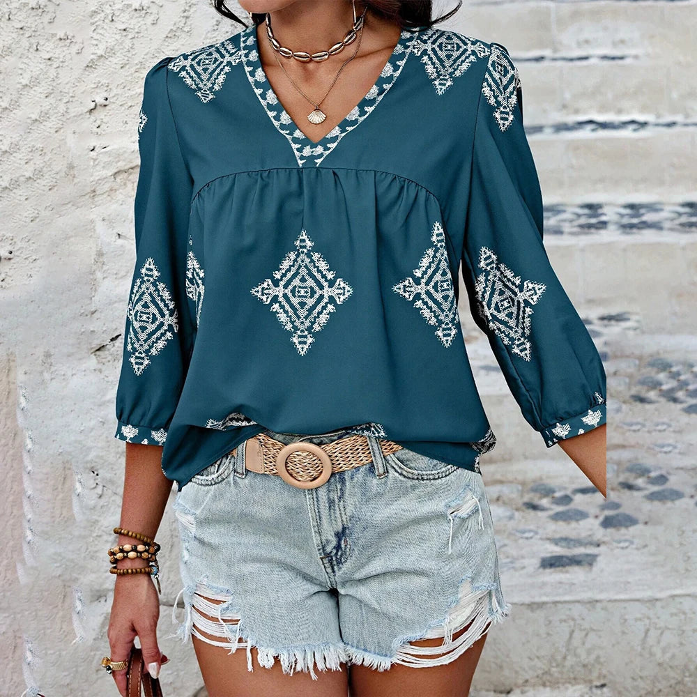 Emmy's Loose, Casual, Trendy, Stylish, Boho, Pullover, Printed Blouse