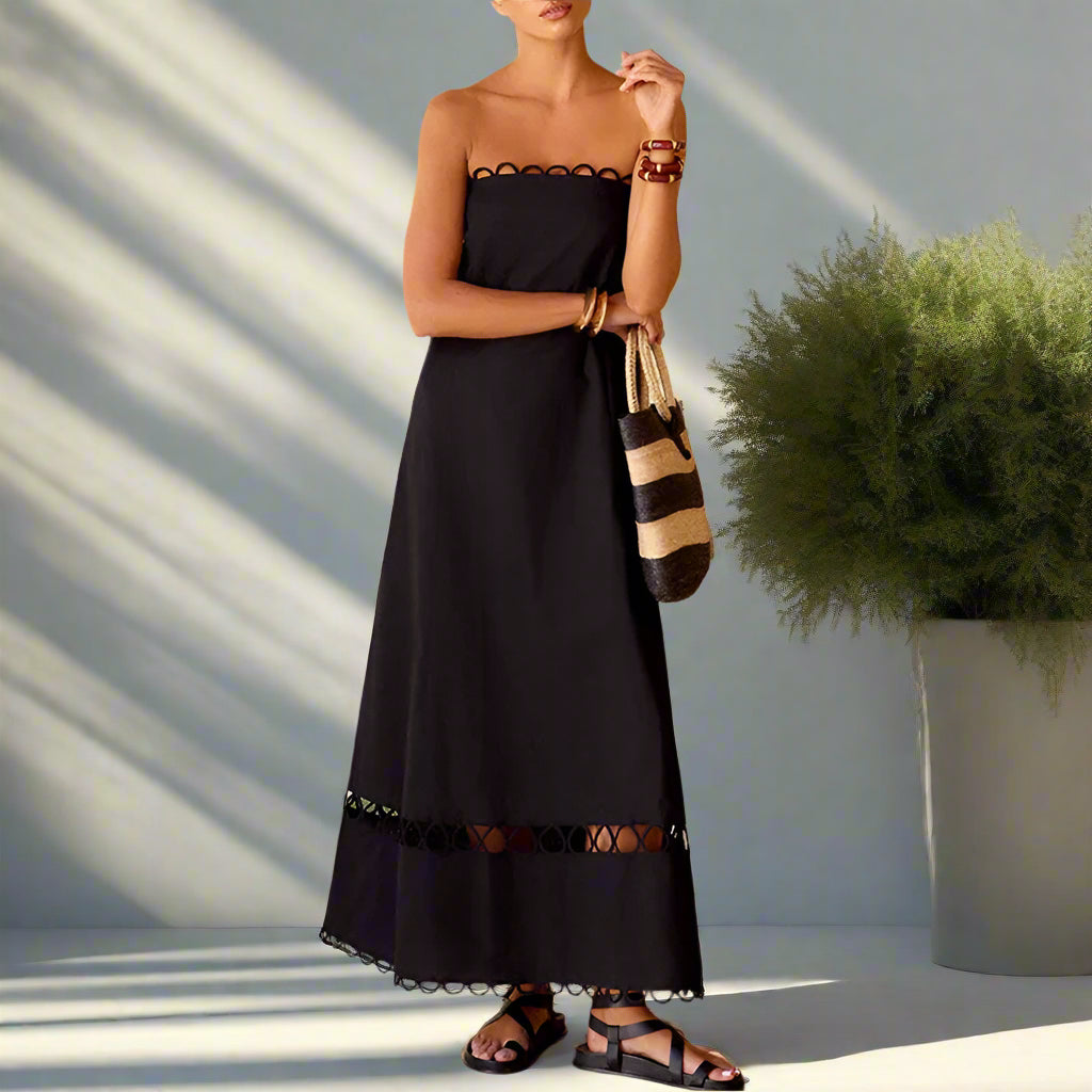 Nana's Strapless, Trendy, Boho, Stylish, Hollow Out, Midi, A-Line, Cocktail, Summer Dress