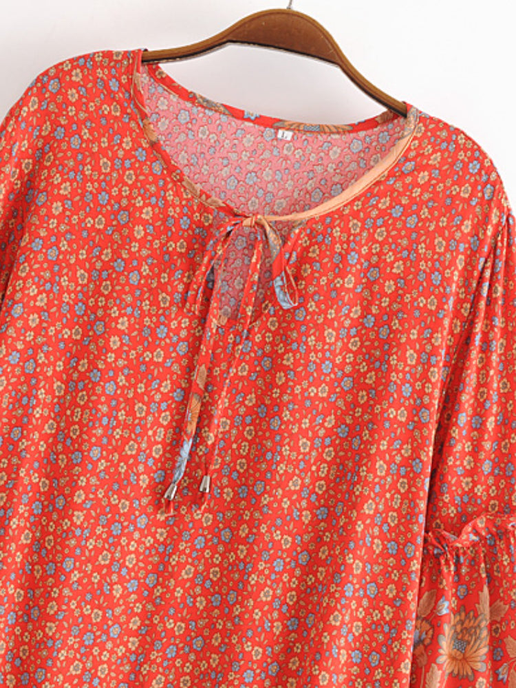 Yosra's  Hippie, Vintage, Stylish, Trendy, Loose, Floral, Ruffles, Print, Floral, Bohemian, Mini Dress