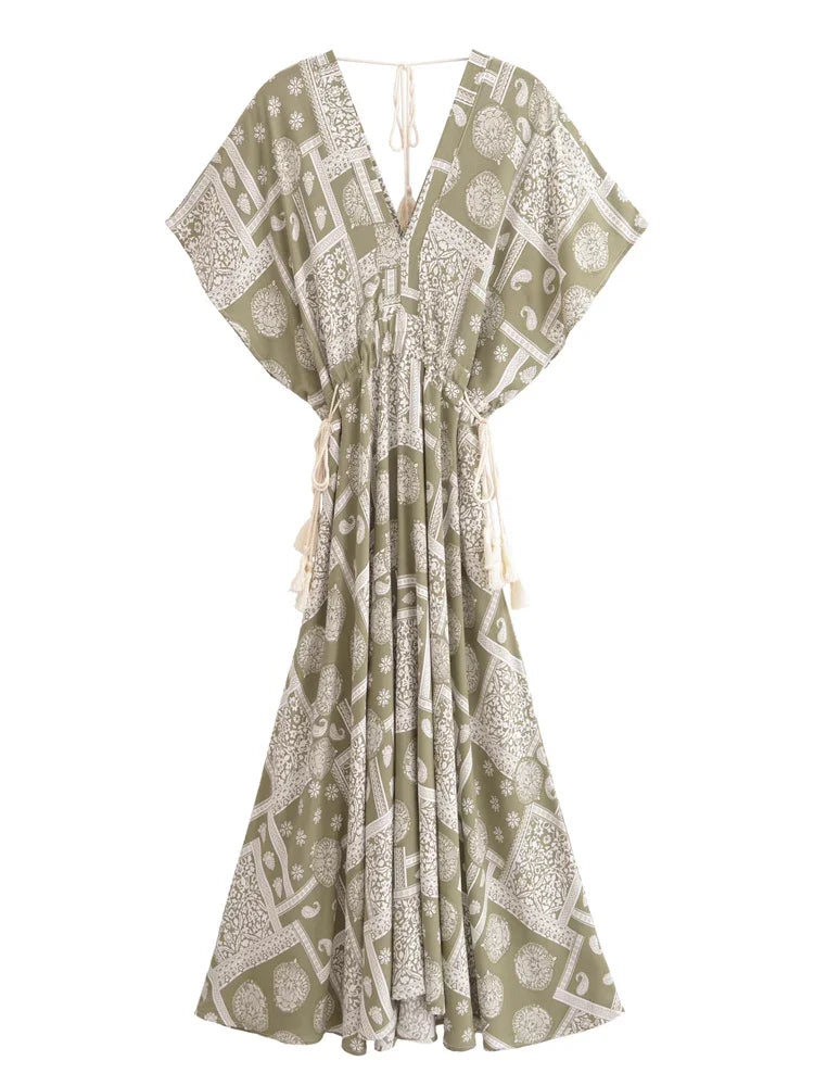 Alice's Vintage, Floral, Print, Batwing sleeves, stylish, Trendy, Boho, Maxi Bohemian Dress