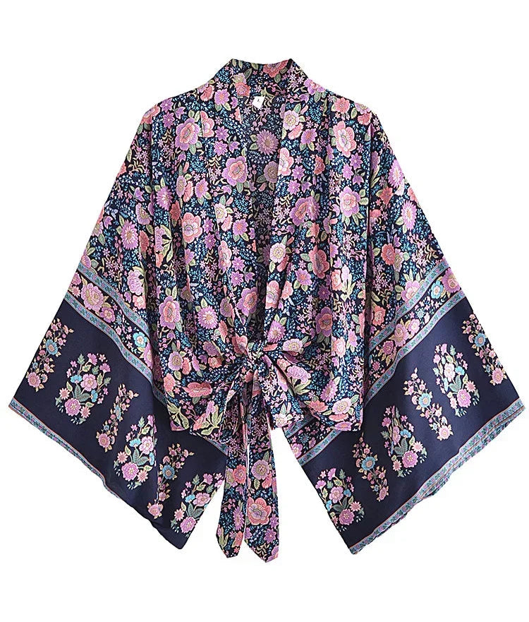 Floral patterned kimono-style garment on a white background
