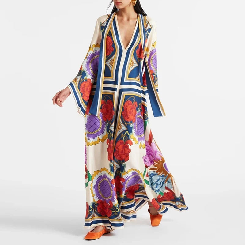 Ellen's Loose Printed Maxi Dress with flare long sleeves