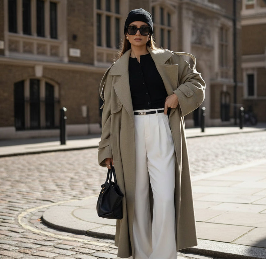 Person wearing a long olive green coat, black shirt, white pants, and holding a black handbag.
