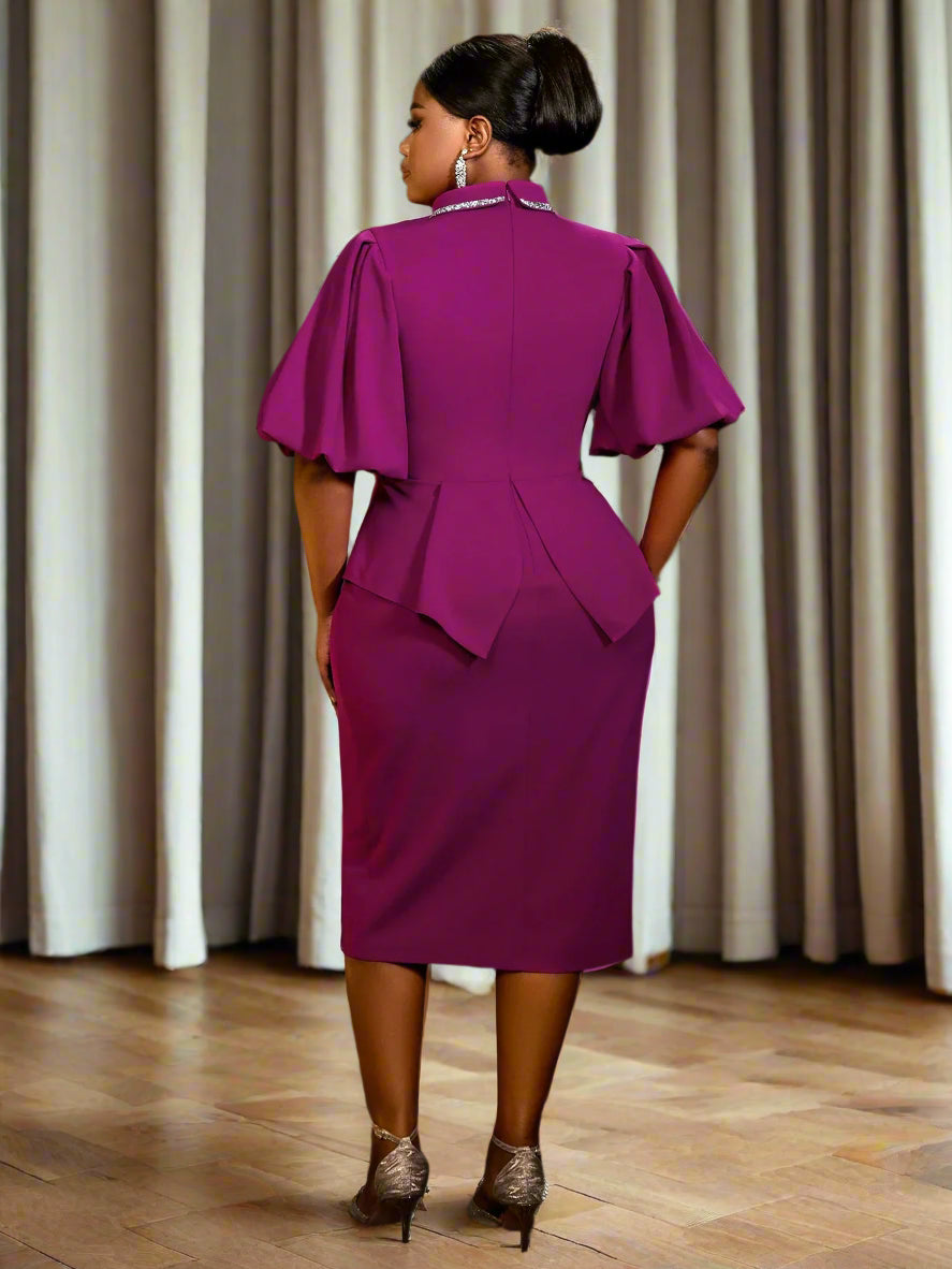 Dalia's Purple, Trendy, Stylish, Sheath, Ruffles, Puffy Sleeves, OfficeStyle, Midi Dress