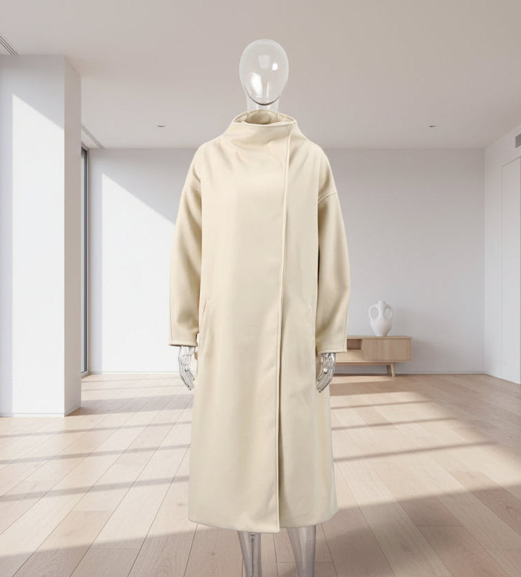 Beige coat on a mannequin against an empty penthouse 