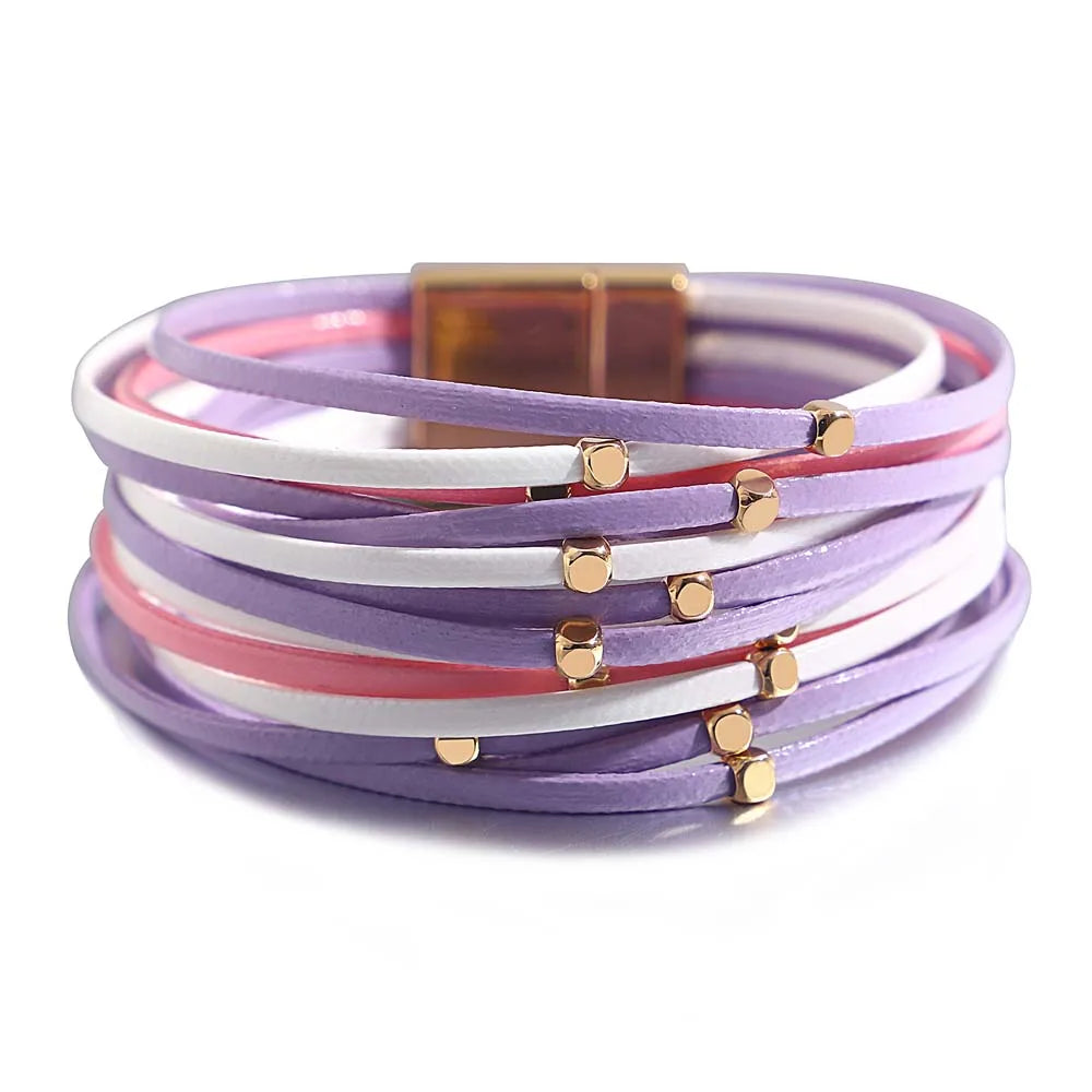 Tanya's Triple Color Leather Bohemian Metal Beads Multilayer Thin Strip Wrap Bracelets