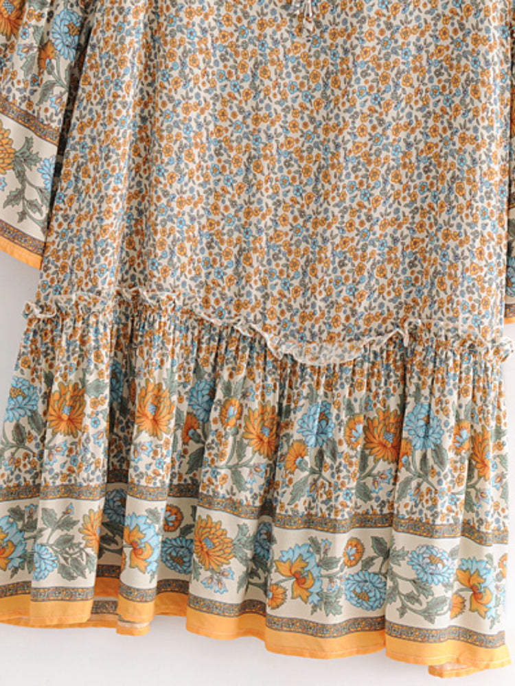 Yosra's  Hippie, Vintage, Stylish, Trendy, Loose, Floral, Ruffles, Print, Floral, Bohemian, Mini Dress
