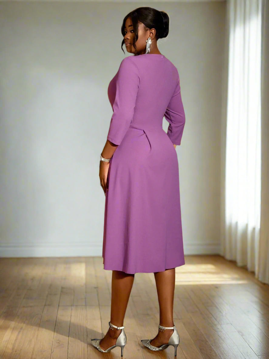 Gillan's Plus Size, Purple, Trendy, Stylish, Midi, Knee, Pleated, Office, Formal Dress