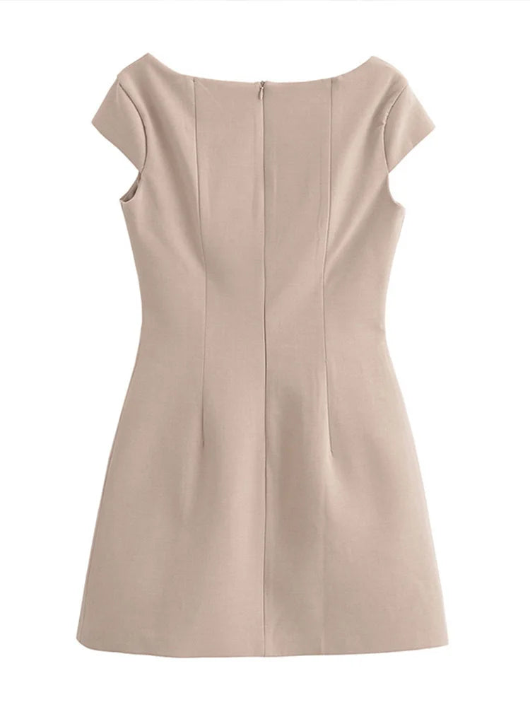 Sarah's Solid Color, Cap Sleeves, Trendy, Stylish, Slim, Square Neck, Zipper, Mini Dress
