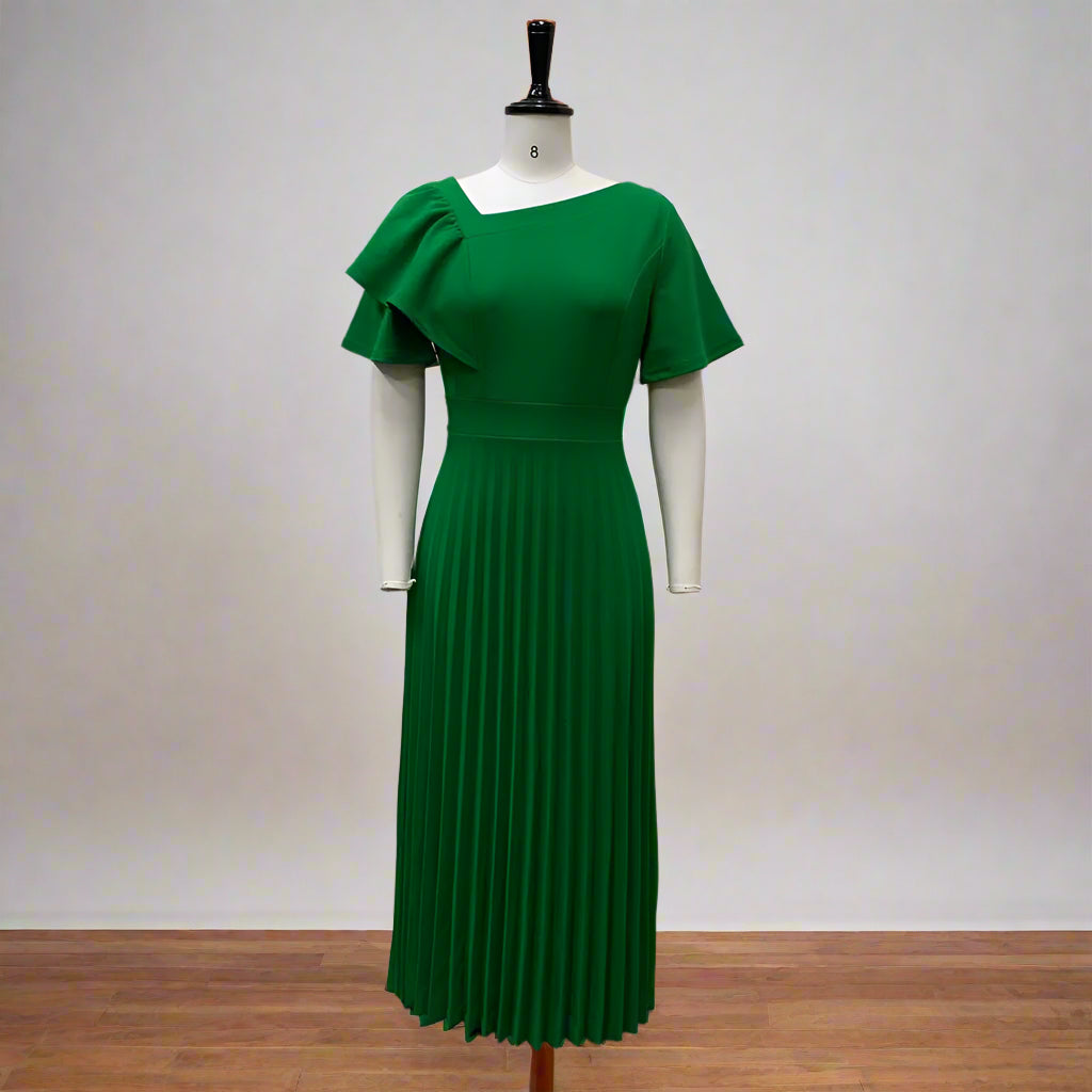 Dana's Pleated, stylish, Trendy, Vintage, Ruffles, short Sleeves, Midi, Office Dress