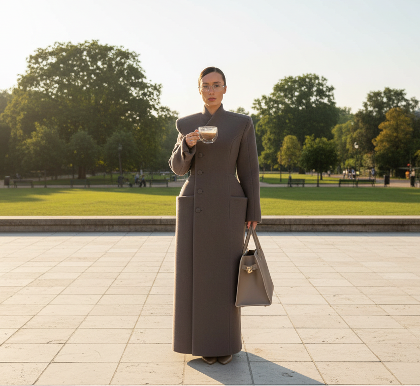Woman in a long gray coat holding a cup in an open park