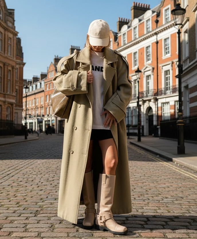 Person wearing a long beige coat, white t-shirt, black shorts, and beige boots against ancient London street