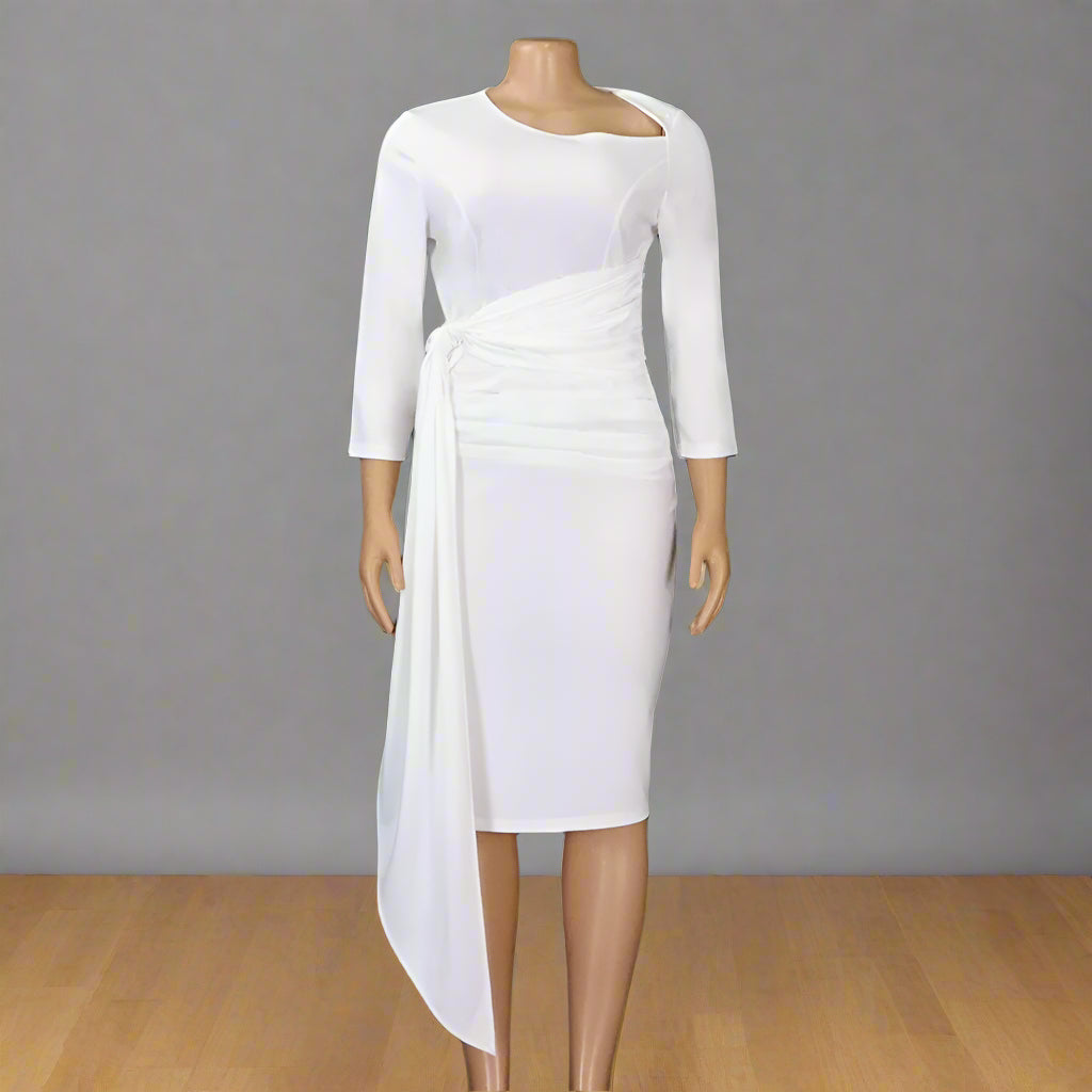 Yousra's Professional, Skew Neck, Sheath Profile, Sleeves, office Style, Midi Dress