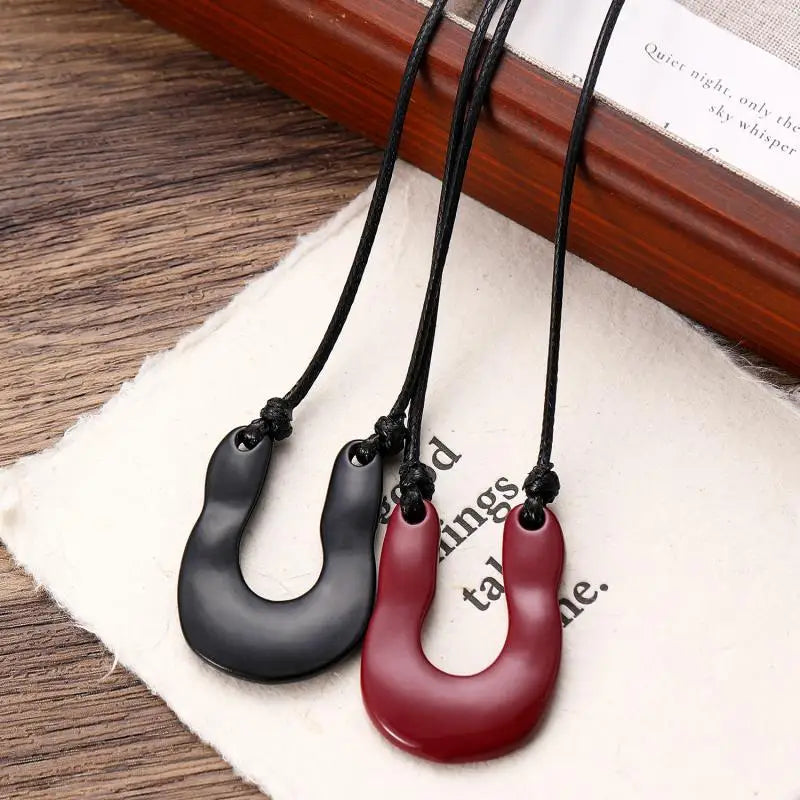 Rebecca's U Shape, Vintage, Trendy, Stylish, Red/Black, Adjustable, Leather, Long Pendant