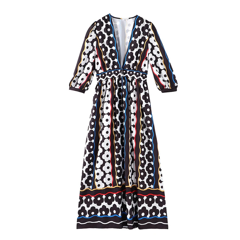 Carmen's Boho, Printed, Deep V-Neck, Long Sleeves, Summer, Stylish, Trendy, Long Dress