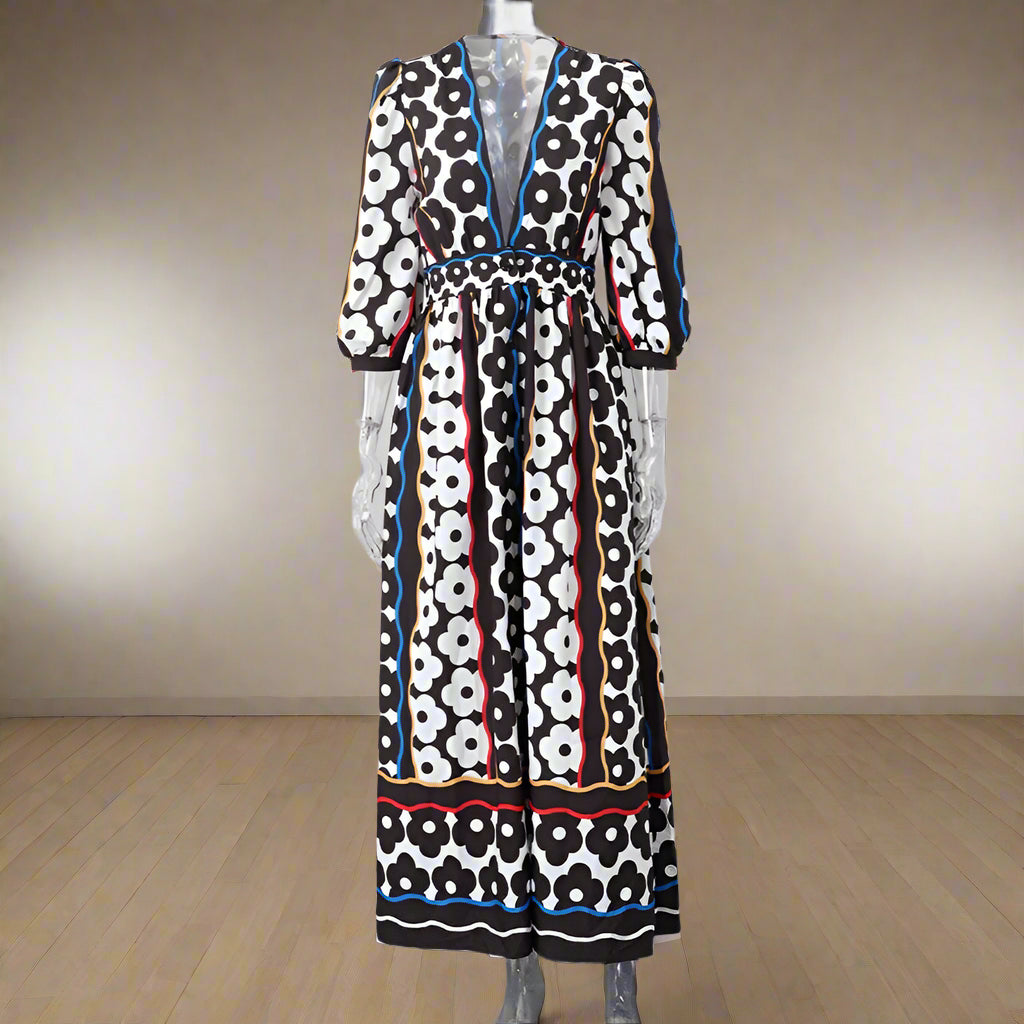 Carmen's Boho, Printed, Deep V-Neck, Long Sleeves, Summer, Stylish, Trendy, Long Dress