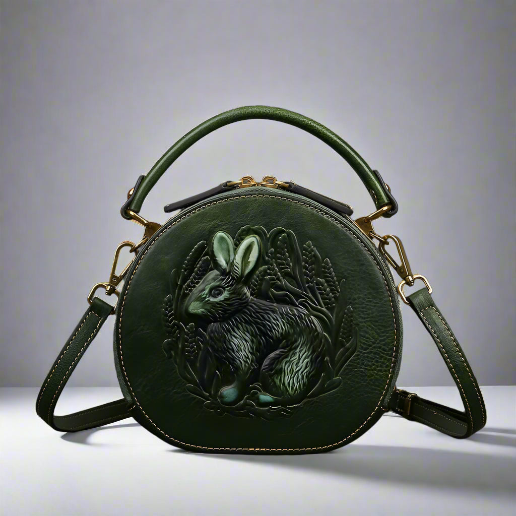Karma's Genuine Leather, Round Shape, Vintage, Stylish, Retro, Rabbit Embossed, Shoulder Bag