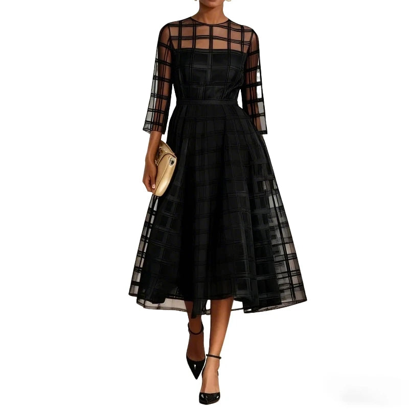 Kathy's Mesh, Plaid, Chic, Stylish, Classic, Sheer, Black, Midi Dress