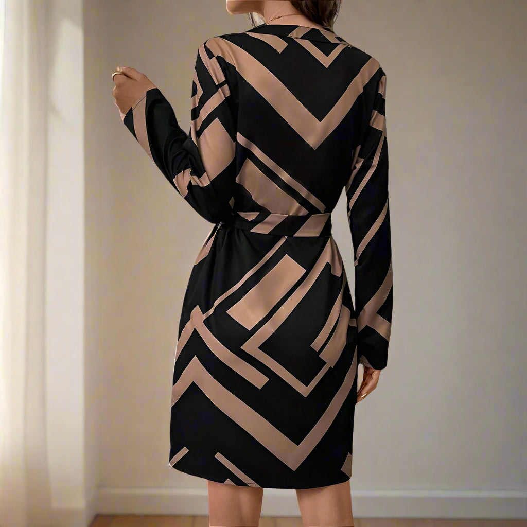 Halle's Geometric Printed, Wrap, Fashionable, Trendy, Stylish, Vintage, Long Sleeves, Knot, Mini Dress