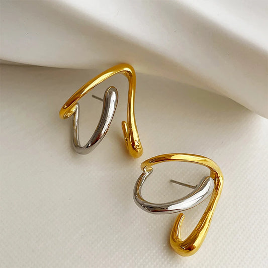 Tina's Copper Alloy, Two Tone, Trendy, Stylish, Minimal, Golden, Stud Earrings