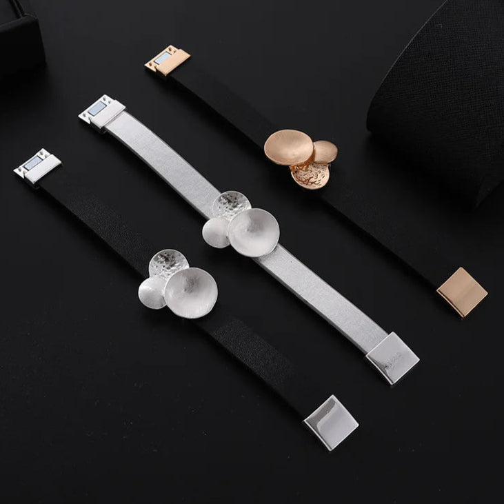 Eveline's Trendy, Stylish, Retro, Black Leather, Alloy, Magnet Lock, Bangles Bracelets