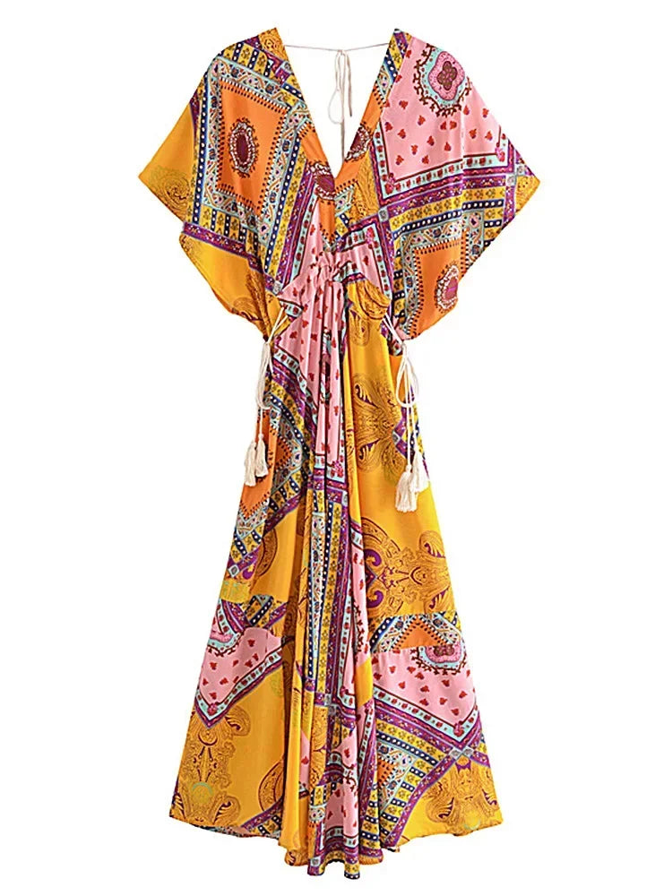 Alice's Vintage, Floral, Print, Batwing sleeves, stylish, Trendy, Boho, Maxi Bohemian Dress