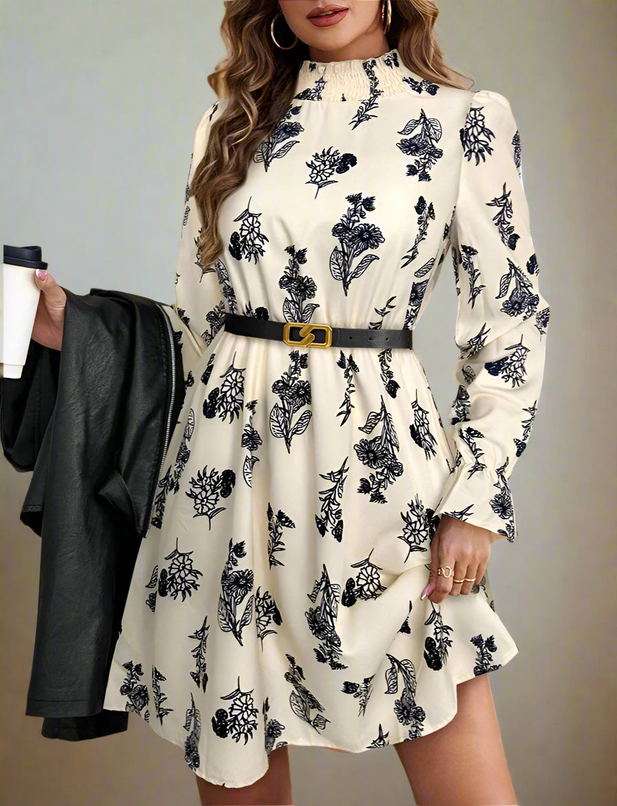 Selina's Floral, Printed, Petal Long Sleeves, Elegant, Trendy, Stylish, Vintage, Elastic waist, Stand Collar, Mini Dress