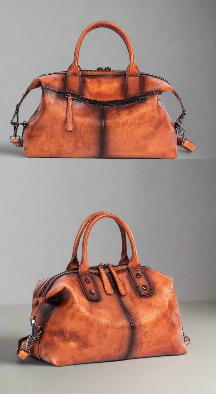 Two brown leather handbags on a white background