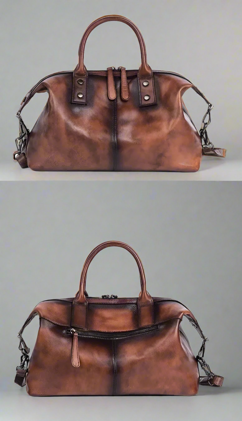 Two brown leather handbags on a white background
